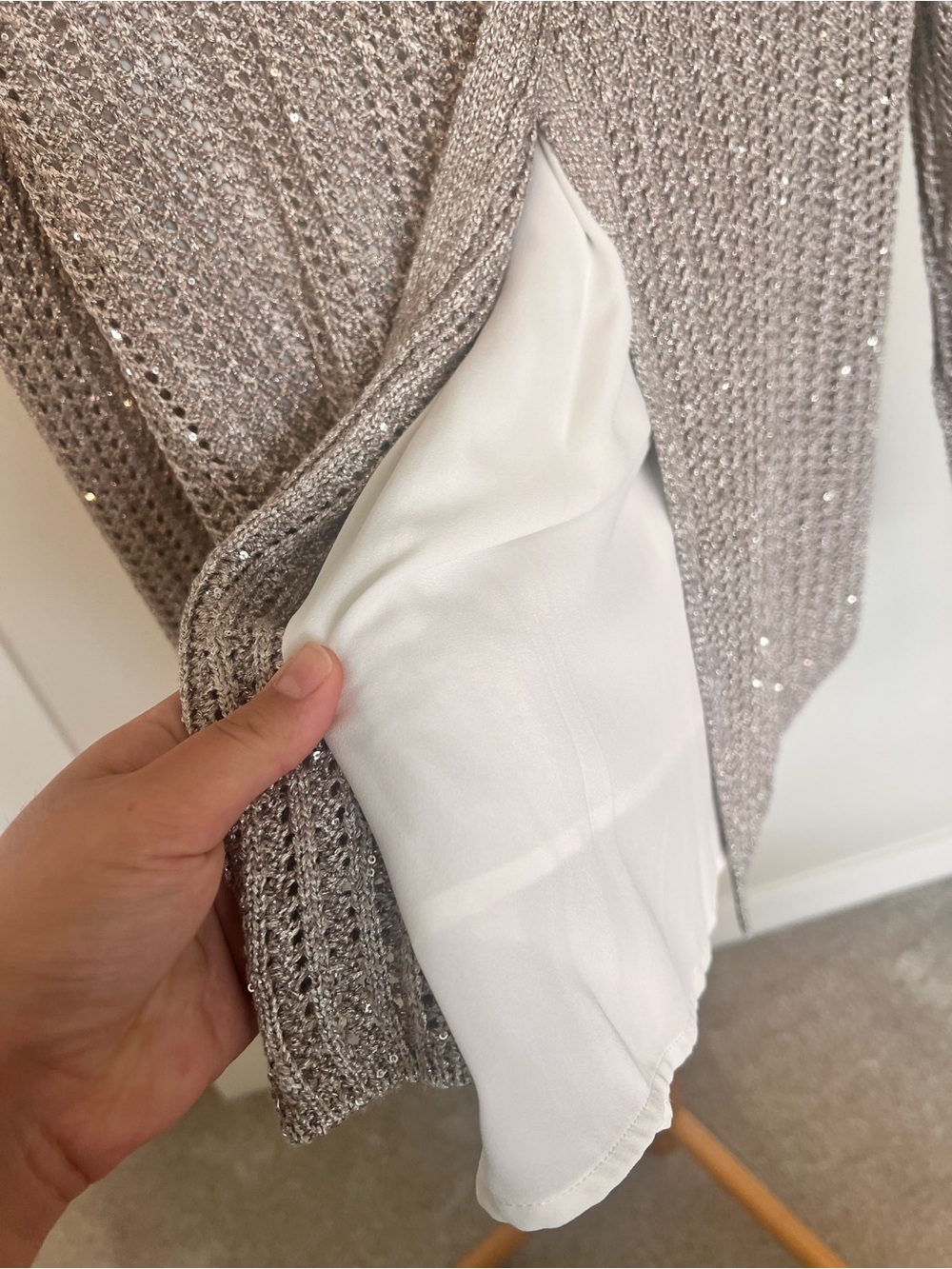 White House Black Market Knit Layered Hem sparkly Women's Sweater - Light Gray M - Picture 7 of 10